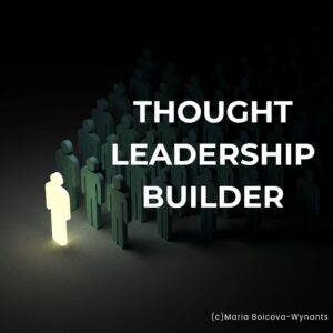 Glowing figure leading a crowd of dark silhouettes; title text reads “Thought Leadership Builder”.