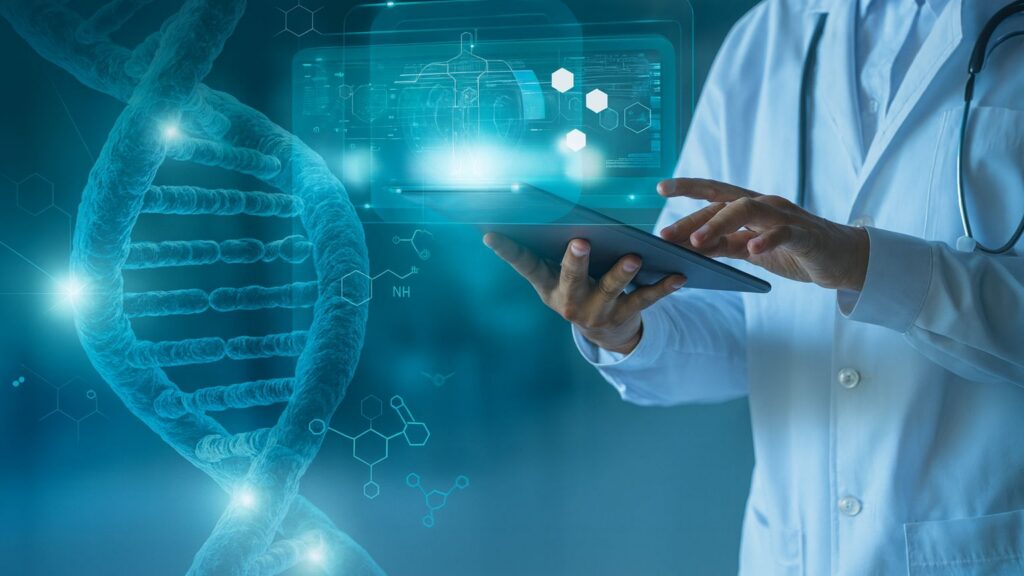 A medical professional in a white coat using a digital tablet, interacting with a futuristic holographic display of a large DNA double helix and medical data interfaces in glowing blue tones.