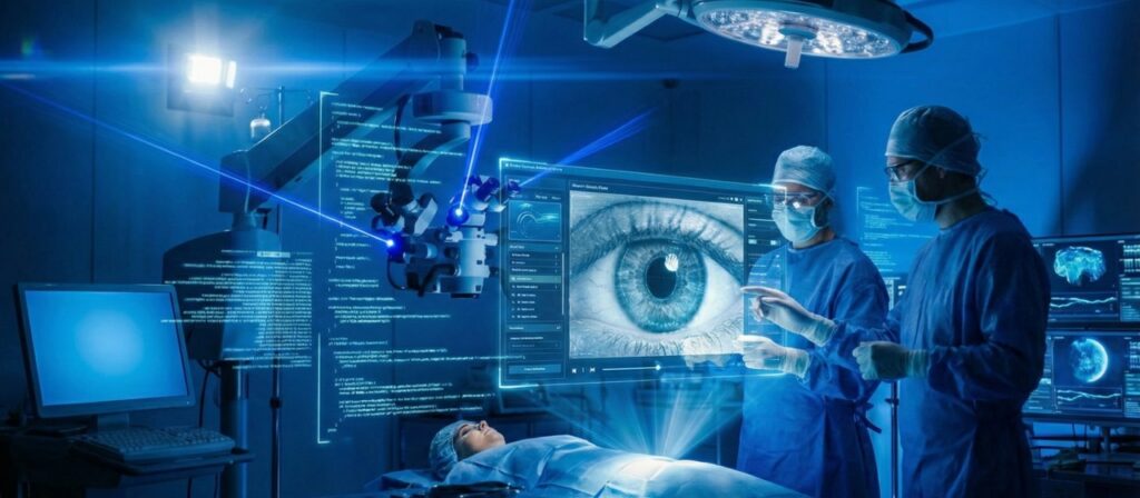 Doctors are using digital medical devices in an operating room.