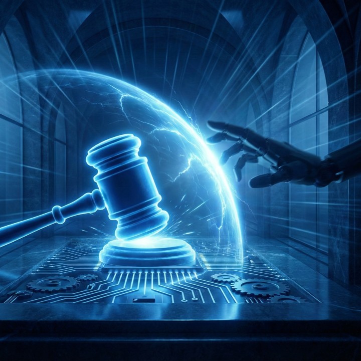 A judge's gavel stops a hand grabbing for technology.