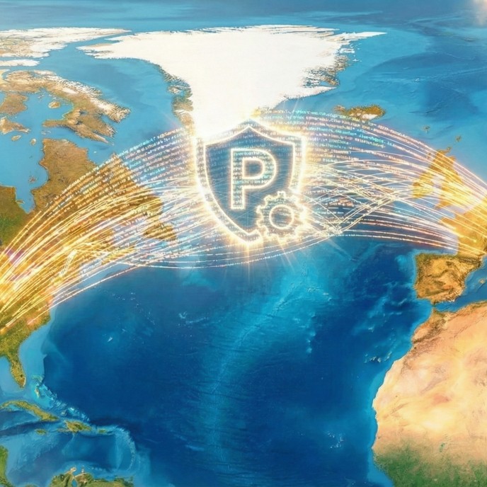 A bridge consisting of glowing lines of code with a patent symbol in the middle leads from Europe to the USA.