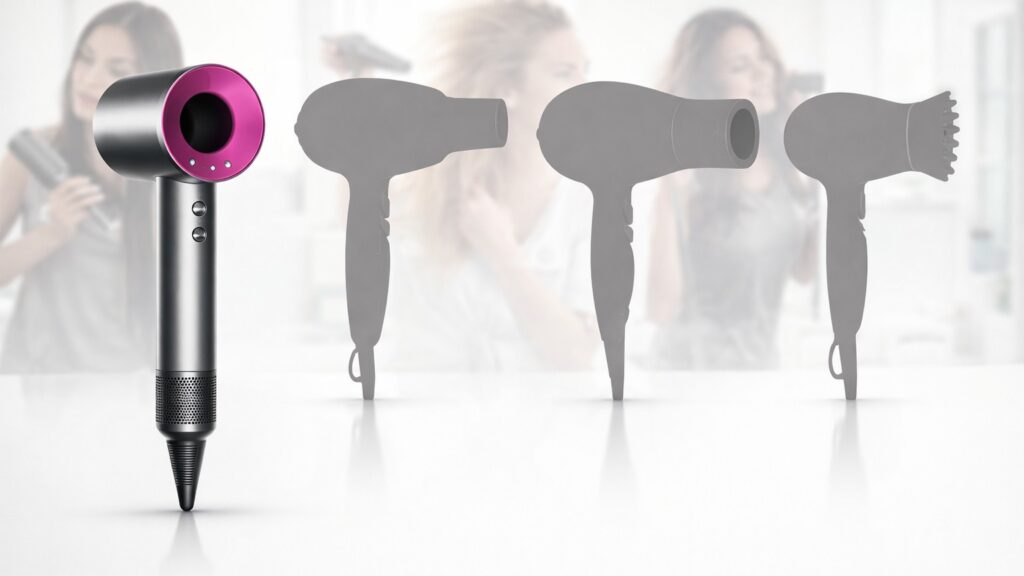 A Dyson Supersonic hair dryer in iron and fuchsia stands prominently in the foreground. In the background, three grey silhouettes of traditional hair dryers are lined up, contrasting Dyson's modern, hollow-core design against conventional bulky models. Faint images of women styling their hair appear in the blurred white background.