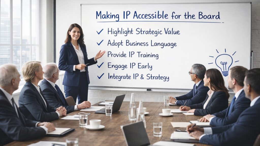 A professional business presentation taking place in a modern, sunlit boardroom. A woman in a dark suit stands at a whiteboard, gesturing toward a list titled "Making IP Accessible for the Board." The list includes bullet points: "Highlight Strategic Value," "Adopt Business Language," "Provide IP Training," "Engage IP Early," and "Integrate IP & Strategy." Several colleagues in business attire sit around a large wooden conference table, listening attentively. An stylized lightbulb icon is drawn on the right side of the whiteboard.