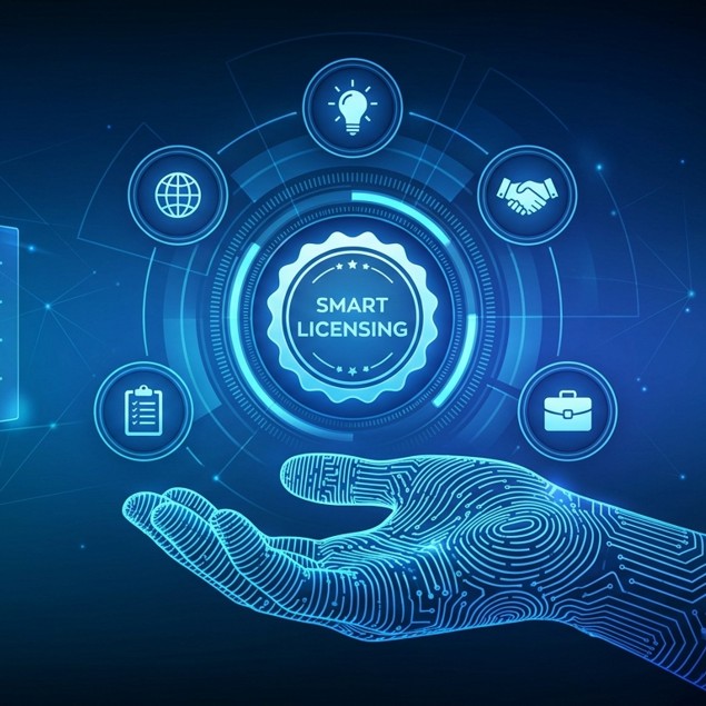 A virtual hand illustrating the core concept of ‘Smart Licensing’ and various business symbols
