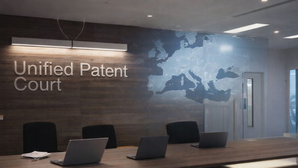 A wide, eye-level photograph shows a dark wood-paneled wall with the words, "Unified Patent Court" in white. It is set above a long, wood conference table with a neat stack of papers and three, open, silver-colored laptops in front of three, black, fabric-backed, open chairs. A holographic-style map of Europe, with light outlines and shading, hovers to the right on a glass wall or panel, above a closed white door with narrow vertical windows. Overhead are two rectangular, white light fixtures and white, hanging cords. The ceiling is white with recessed lighting and panels.