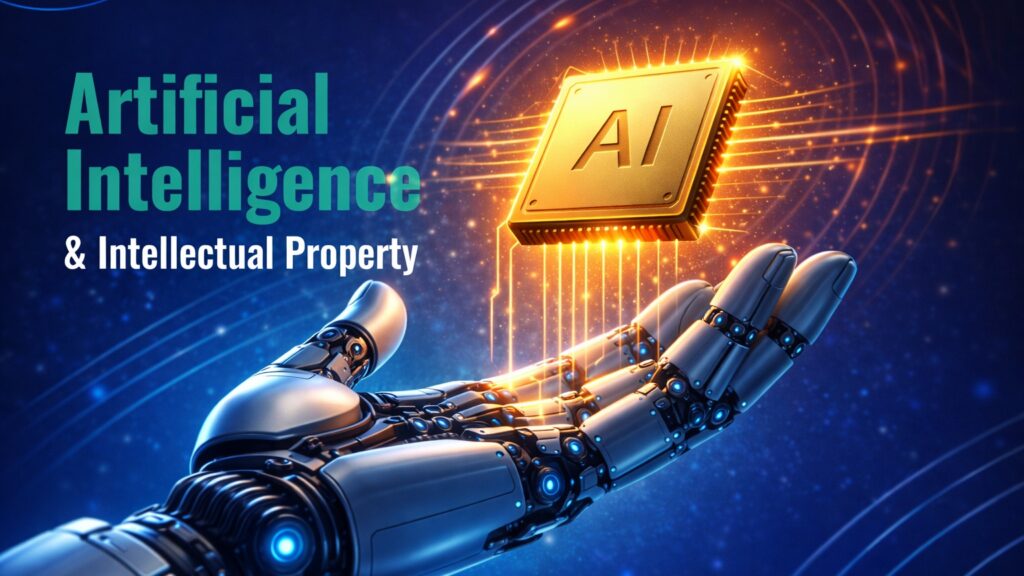 Robot hand and AI chip. Artificial Intelligence and Intellectual Property