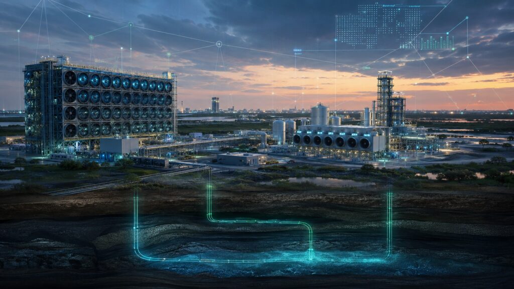 Futuristic industrial carbon capture plant at dusk, with a cross-section graphic showing underground pipelines for storage.