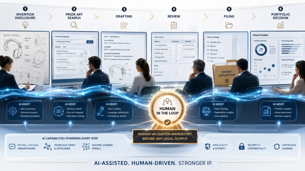 Infographic illustrating the six steps of AI-assisted patent workflow: Invention Disclosure, Prior Art Search, Drafting, Review, Filing, and Portfolio Decision. It depicts professionals working at large digital screens showing patent documents, linked by a glowing blue line that centers on a "Human in the Loop" badge, emphasizing mandatory human validation before any legal output.