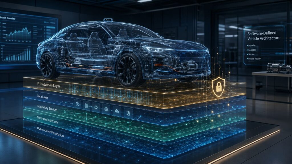 A futuristic, glowing wireframe model of a car sitting on top of a multi-layered digital platform. The layers are labeled from bottom to top: Open Source Foundation, Controlled Interfaces, Proprietary Services, Data Layer, and IP Protection Layer. A glowing shield icon with a padlock highlights the security aspect, and a digital sign in the background reads "Software-Defined Vehicle Architecture."