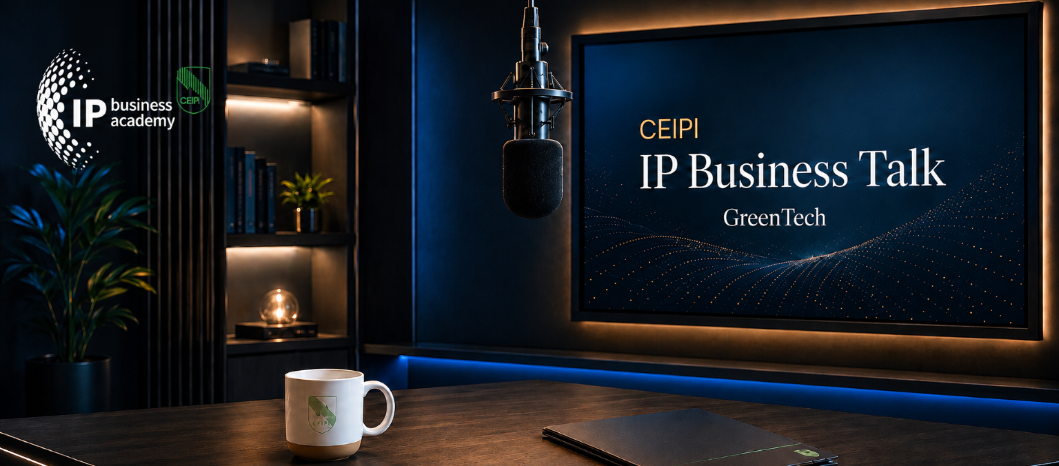 CEIPI IP Business Talk studio featuring a microphone and presentation screen with the title “IP Business Talk – GreenTech”, in a modern, illuminated podcast setting.