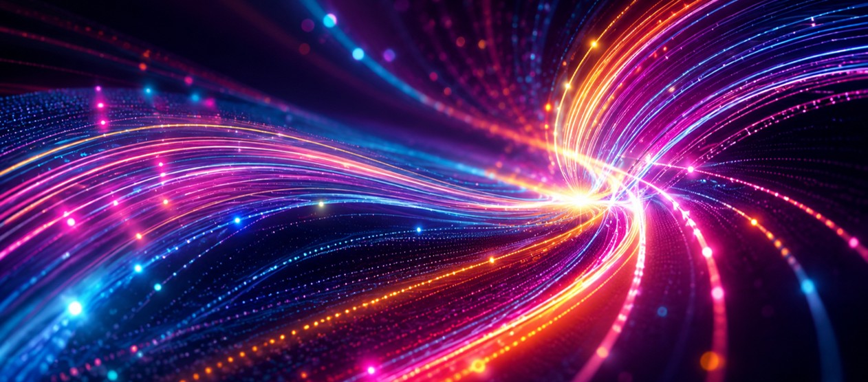 Vibrant streams of light converge in a dynamic photonics network, symbolizing optical communication, high-speed data transmission, and next-generation connectivity.