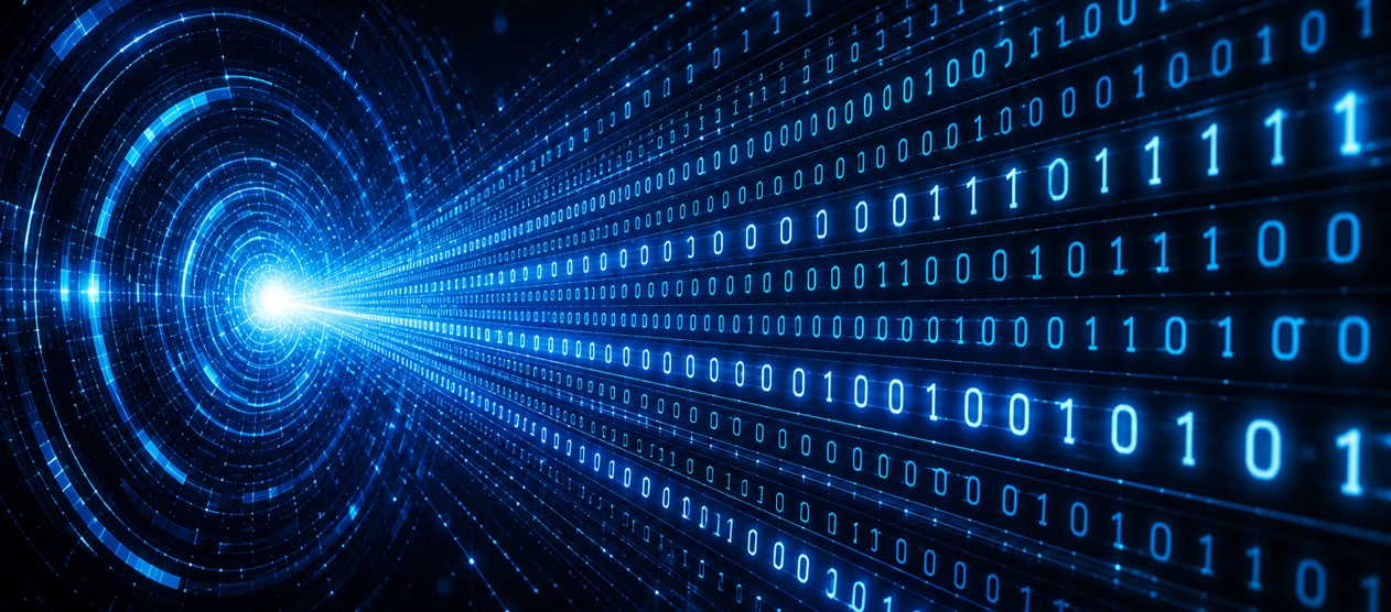 A blue binary data stream radiates from a glowing digital core, symbolizing high-speed data transmission, optical communication, and advanced photonics technology.