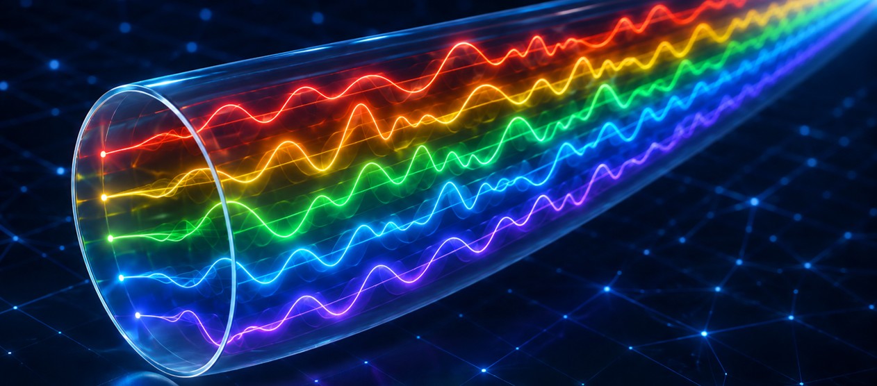 Multiple colored light waves travel through a transparent optical waveguide, illustrating photonics, wavelength multiplexing, and advanced optical data transmission.