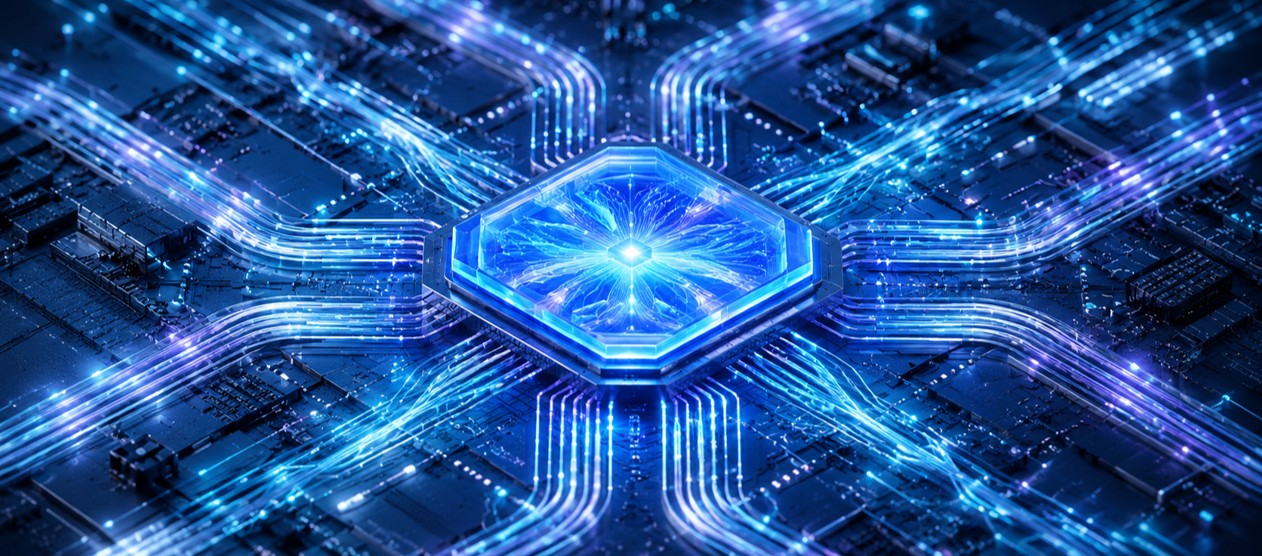 A futuristic photonic integrated circuit with glowing optical pathways, symbolizing advanced semiconductor technology, high-speed data processing, and next-generation photonics.