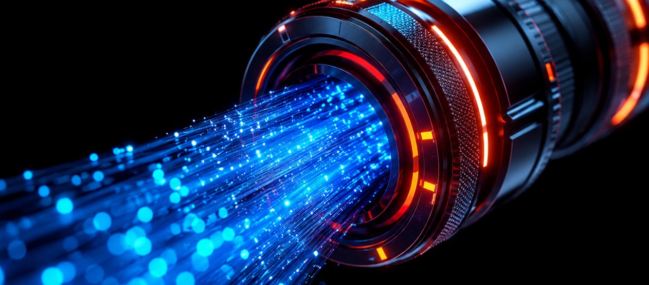 A fiber optic cable transmits glowing blue light signals, symbolizing high-speed data transfer, optical communication, and advanced photonics technology.